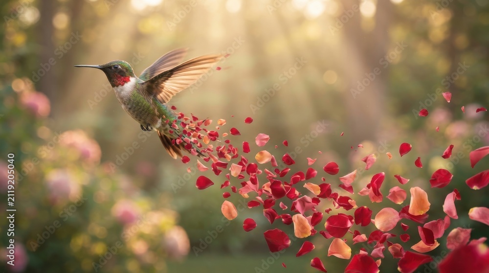 Obraz premium Hummingbird flying with trail of red rose petals
