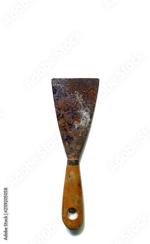 Bild auf Leinwand Old used rusty putty knife scraper with wooden handle isolated on clean white ba