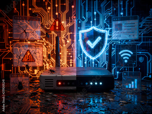 A digital router is split, with one side showing threats and the other security.