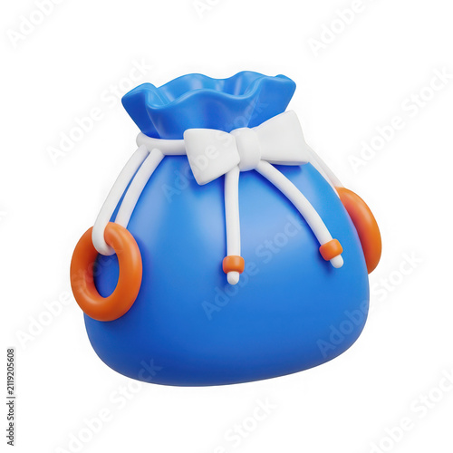 3d rendered image of a blue bag with orange handles and a white ribbon