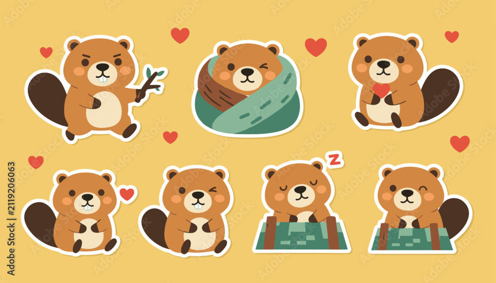 Fototapeta premium Cute collection of cartoon beaver stickers featuring various funny expressions, poses, and red love hearts on a yellow background.