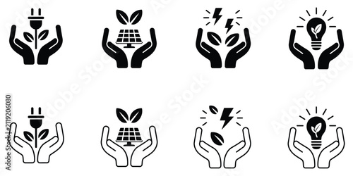 Energy saving icon set, eco friendly symbols, hands holding plants, light bulbs and solar panels, renewable energy, sustainability and green power concepts, vector illustration.