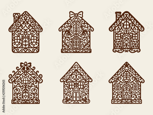 Set of decorative gingerbread house ornaments with intricate lace patterns and festive holiday details for Christmas laser cutting.