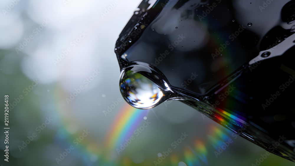 Obraz premium Macro close up of a single clear water droplet reflecting a beautiful rainbow.