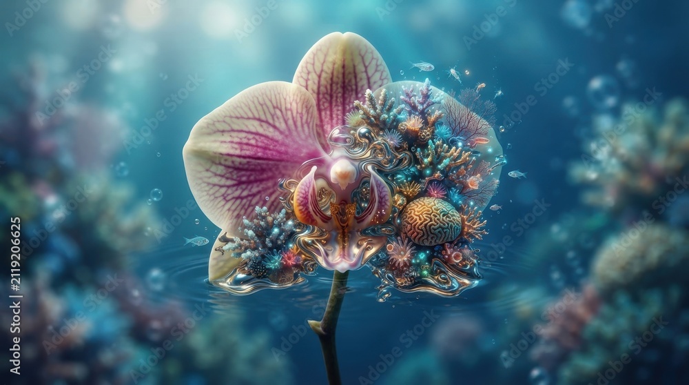 Obraz premium Surreal orchid flower morphing into underwater coral reef