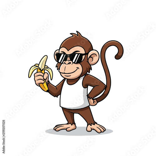 Sticker Cartoon Monkey Wearing Sunglasses Holding Banana.