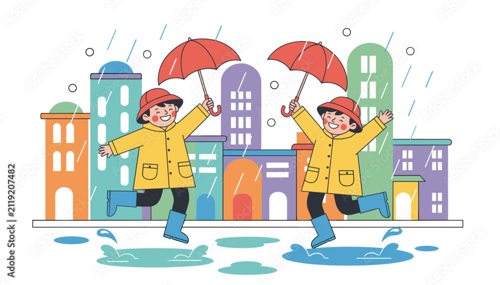 Naklejka premium Joyful kids in yellow raincoats and boots jumping in puddles with red umbrellas against a colorful city.