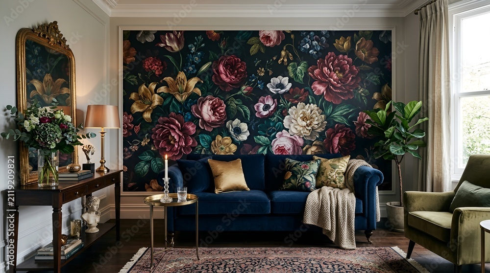 Fototapeta premium Luxurious living room with floral wallpaper and dark blue sofa