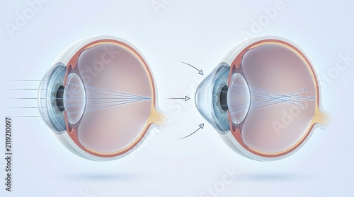 Detailed medical diagram showing the progression from a normal cornea to a cone-shaped keratoconus cornea with arrows illustrating the change in shape and light refraction patterns.