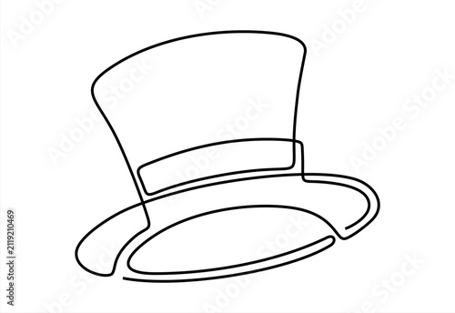 One line art illustration of a top hat depicting a classic gentleman accessory with for fashion and vintage design, Hand drawn one line vector. Editable stroke. Continuous one line drawing 