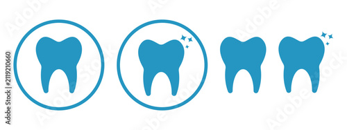 Dental clinic icon set with sparkling clean tooth vectors in blue silhouette style.