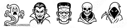 Obraz na plátne Set of five spooky black and white vector illustrations featuring ghost, vampire