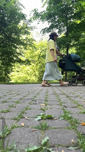 Mother pushing stroller in park