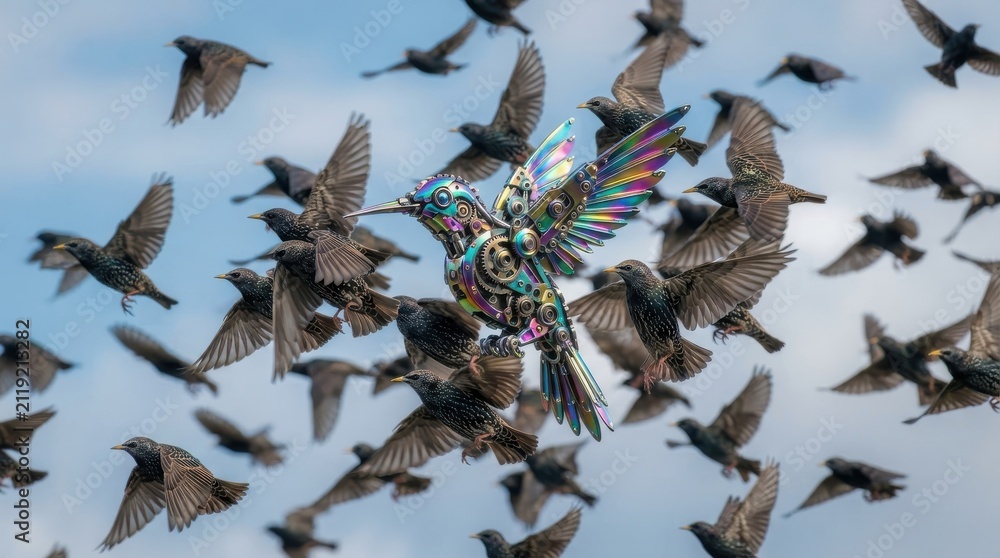 Fototapeta premium Steampunk mechanical hummingbird flying with flock of starlings