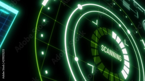 A sci-fi military-style analysis radar HUD screen with perspective, glowing in blue and green