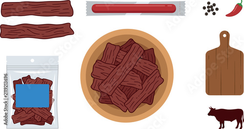 Quadro su tela Dehydrated meat snack icon collection with packaged beef jerky strips wooden pla