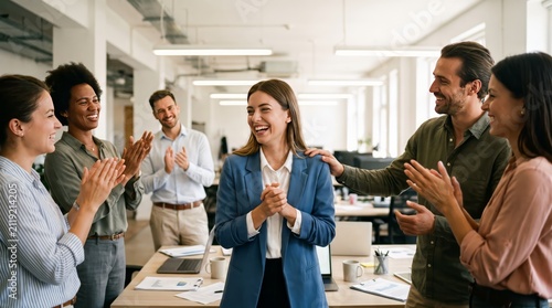 Happy young professional celebrating success with team in office