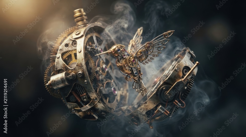 Fototapeta premium Steampunk mechanical hummingbird emerging from clockwork