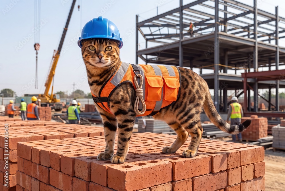 Obraz premium Cat construction worker in hard hat and safety vest on site bricks