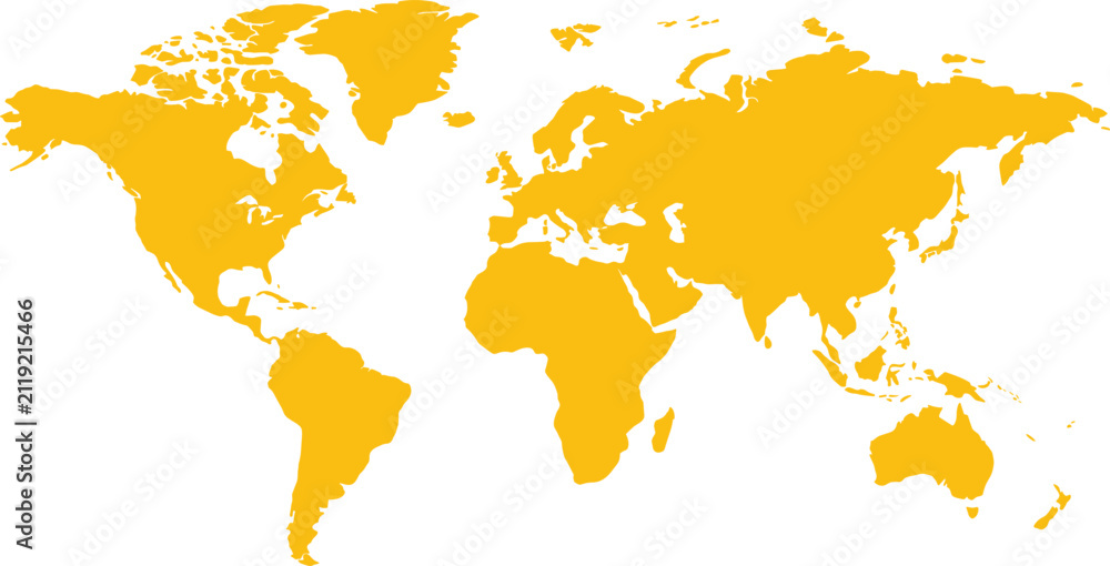 Fototapeta premium Yellow World Map Silhouette Vector with Detailed Continents and Global Geography Layout for Travel, Navigation, and Corporate Business Graphic Designs.