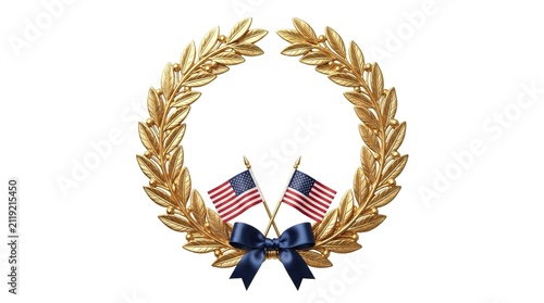 Golden Laurel Wreath with Blue Bow and Flags Isolated for Patriotic Memorial Day Design Elements
