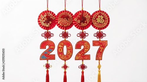 Hanging Red 2027 Numbers with Chinese Paper Cut Decorations Isolated on White Background
