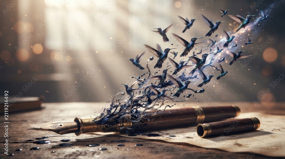 Obraz premium Fountain pen transforming into flying hummingbirds