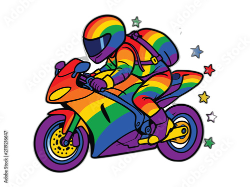 Vibrant rainbow motorcycle racer vector illustration featuring a colorful rider speed and festive stars