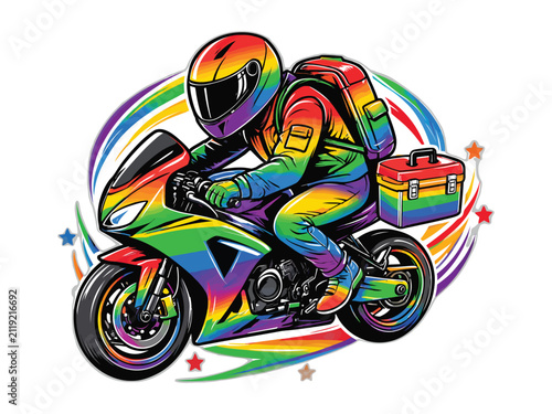 Vibrant rainbow motorcycle rider graphic illustration featuring a colorful sport bike with delivery box and dynamic swirls