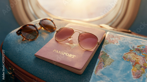 Travel essentials with sunglasses and pink passport on world map background near airplane window.