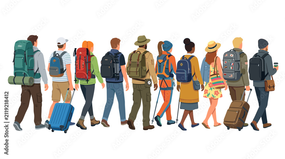 Obraz premium Diverse Group of Travelers and Backpackers Walking Back View with Luggage and Backpacks Vector Illustration