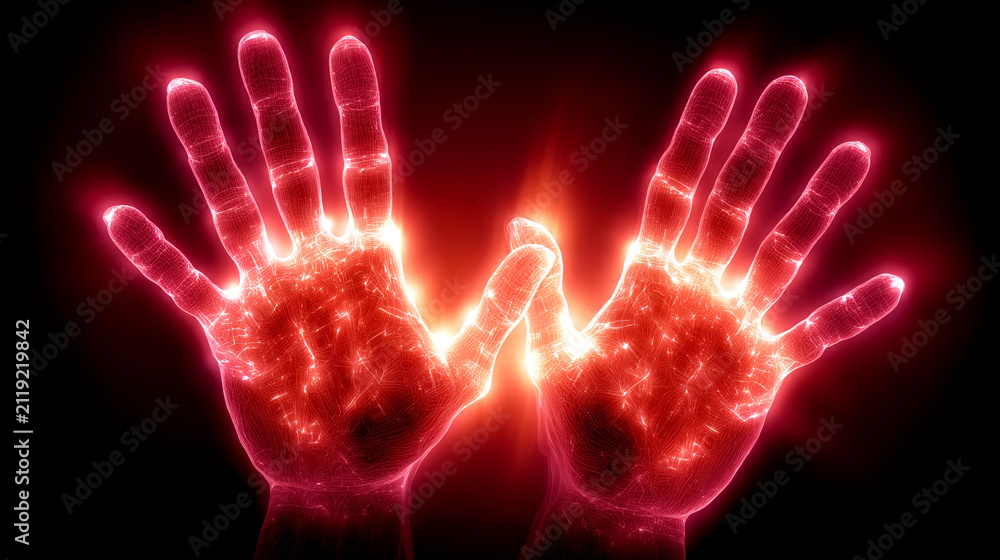 Naklejka premium Two human hands reaching forward glowing with intense red energy and light particles