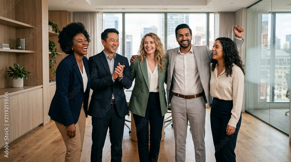 Fototapeta premium Diverse business team celebrating success in modern office