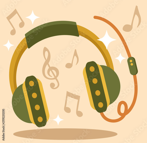Vintage headphones with music notes and treble clef illustration
