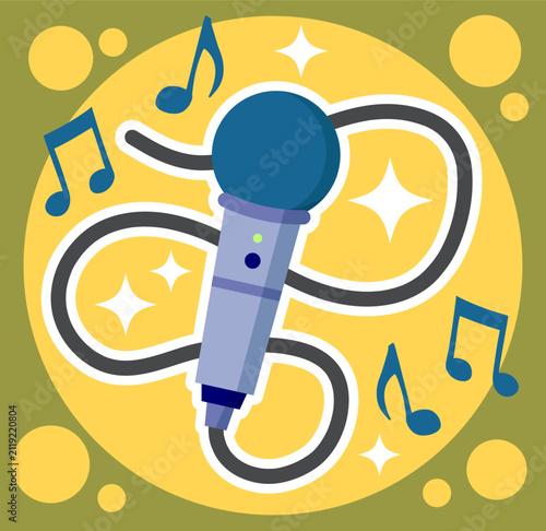 Dynamic microphone with cable and musical notes illustration