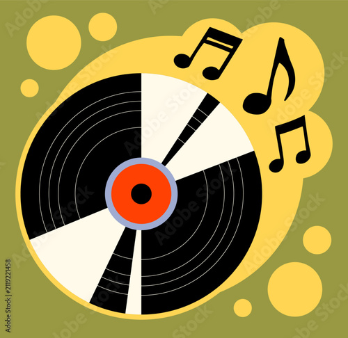 Classic vinyl record disc with musical notes illustration