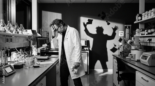 Frustrated Scientist in Lab, Shadow Gesturing Chaos