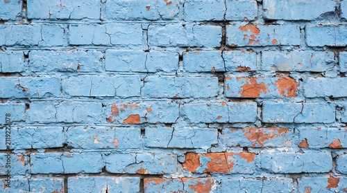 Distressed blue painted brick wall. Weathered masonry texture with peeling orange paint.