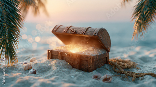 Vintage treasure chest with shimmering magical dust on sandy beach at sunset near ocean.