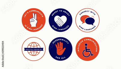 Sign language awareness badges, inclusive communication icons set of 6 vectors, accessibility for all stickers in navy blue and orange