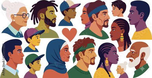 Flat vector illustration of diverse multiracial people profile faces representing community, inclusion, and unity