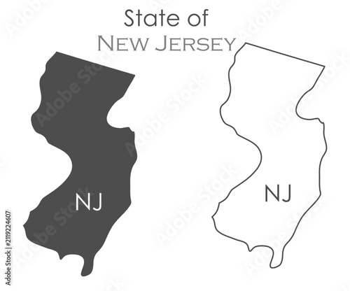New Jersey. The outline and silhouette of the state with the abbreviated abbreviation of the name. The state border. A template for the design of printed products