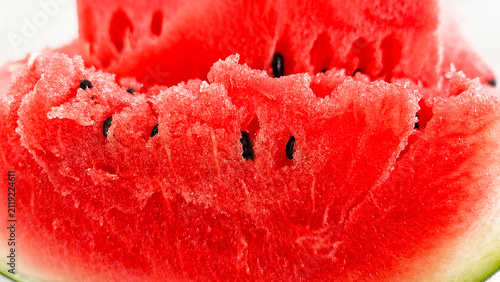 Close Up of Fresh Juicy Watermelon Slices with Black Seeds