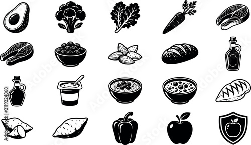 Bild auf Leinwand Food Illustrations Featuring Avocado, Broccoli, Leafy Greens, Carrot, Steak, Blu