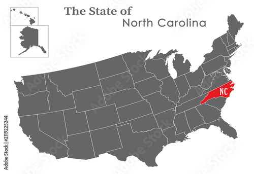 The state of North Carolina on the map of the United States of America is highlighted in red. States of the USA with borders on a general map