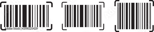 Barcode scanner reader line and solid icon set. Product price tag scan and inventory control symbol collection. Digital code recognition vector illustration for retail shopping checkout interface.