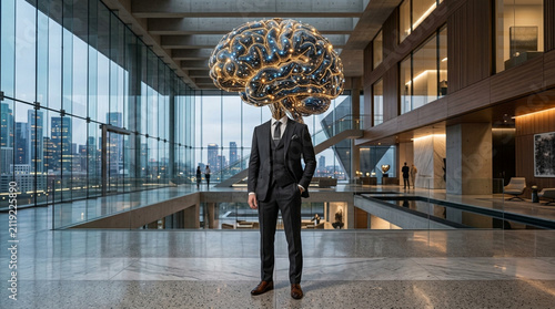 Businessman with Glowing AI Brain Head in Modern Office Lobby