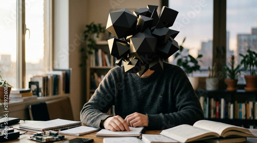 Abstract geometric shapes obscure man's head at desk working with books and notes
