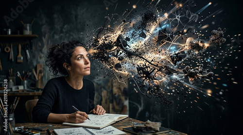 Artist brainstorms creative ideas, sparks of inspiration emerge from thoughts