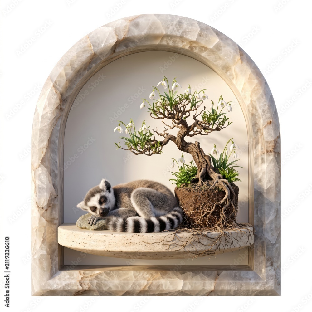 Fototapeta premium Cute lemur sleeping next to a small bonsai tree in an old stone arch window isolated on white background